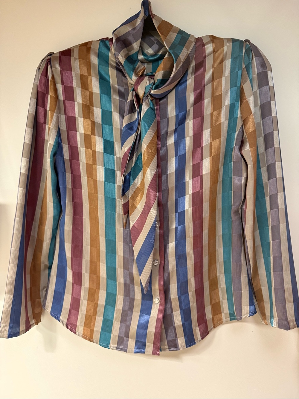 Vintage Pleated Necktie Multi-Color Checker Board Blouse Blue Teal Beige